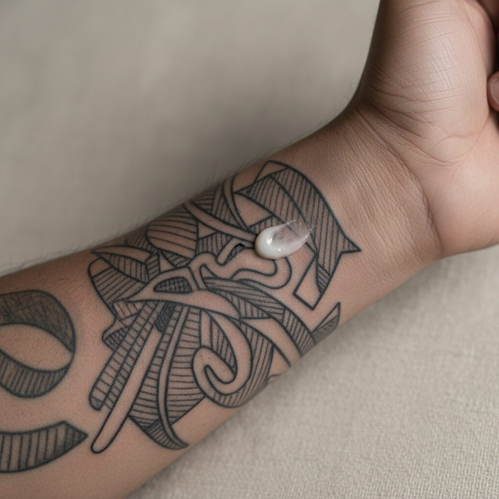Close-up of a healing forearm tattoo with a small dab of fragrance-free white lotion being applied by a fingertip