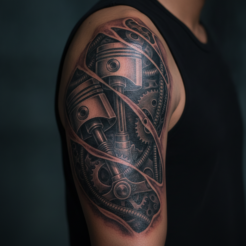 Close-up of a healing biomechanical tattoo with pistons and cables in black-and-grey