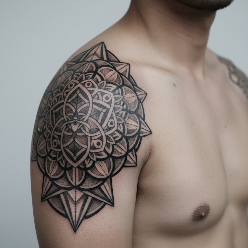 Close-up of detailed geometric blackwork tattoo with mandala and dotwork patterns on an upper arm