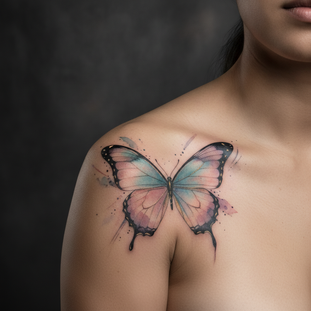 Finished color watercolor butterfly tattoo on a woman's shoulder, soft blue and pink wings