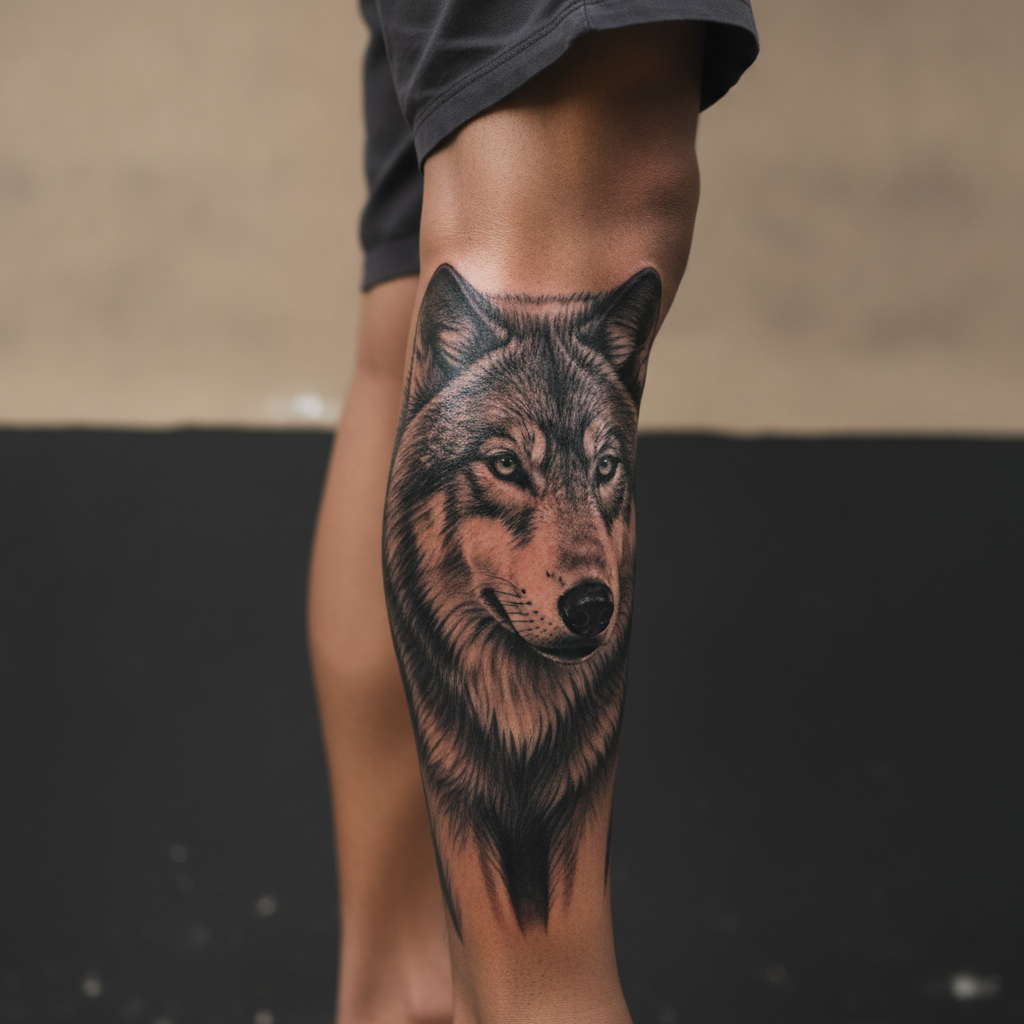 Close-up of a healed black-and-grey wolf calf tattoo on a Southeast-Asian man's leg