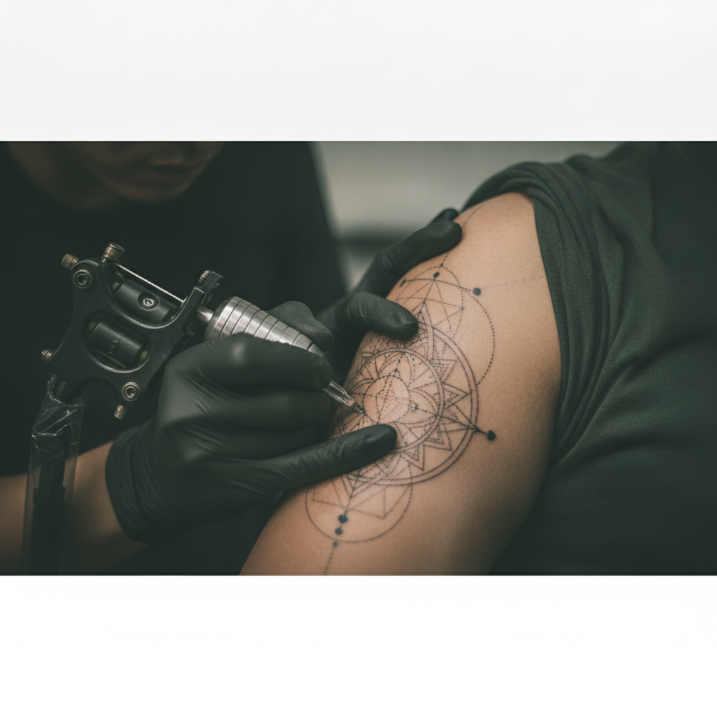 Close-up of a dotwork tattoo being stippled on an upper arm