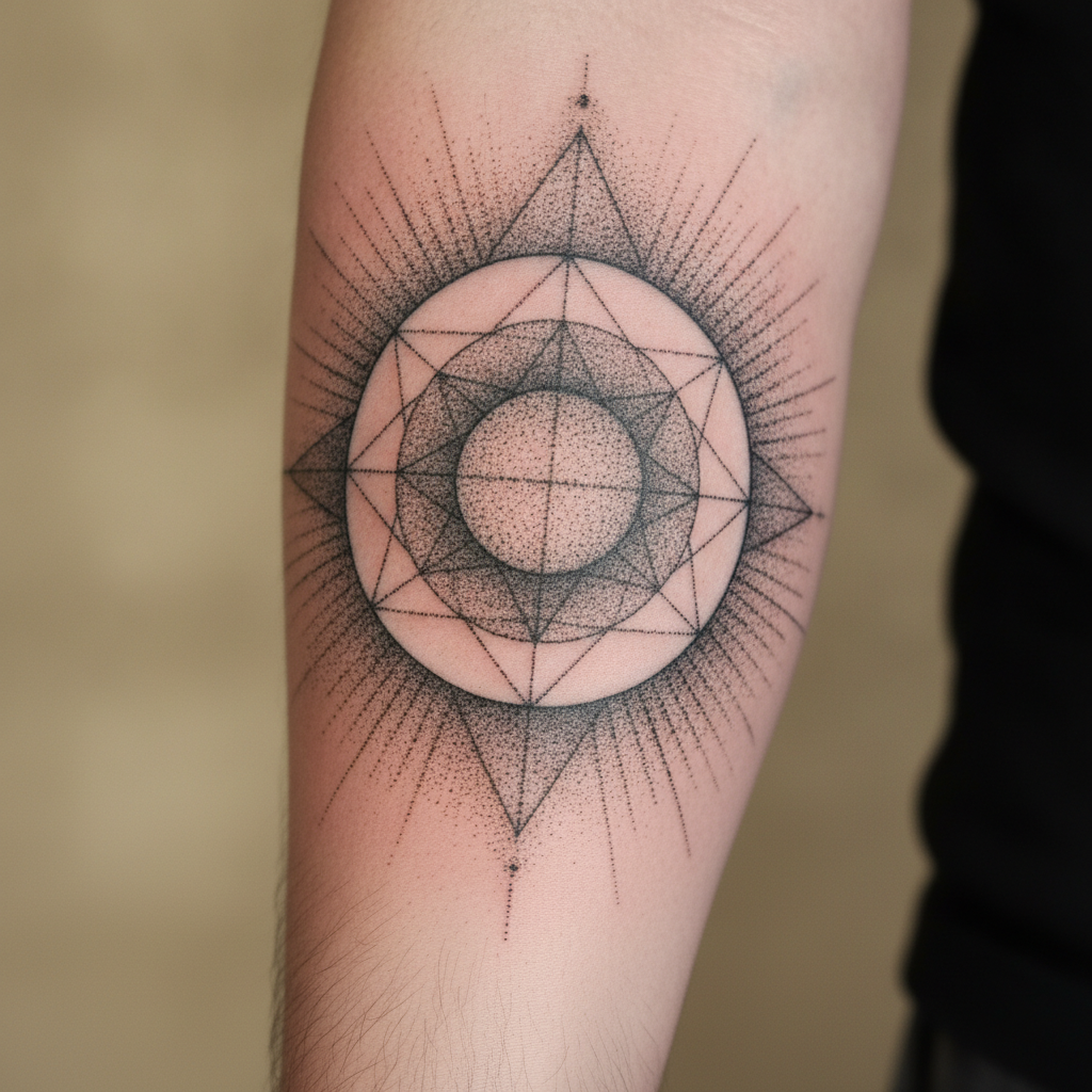Macro close-up of a fresh dotwork geometric tattoo on a forearm showing stippled dot shading