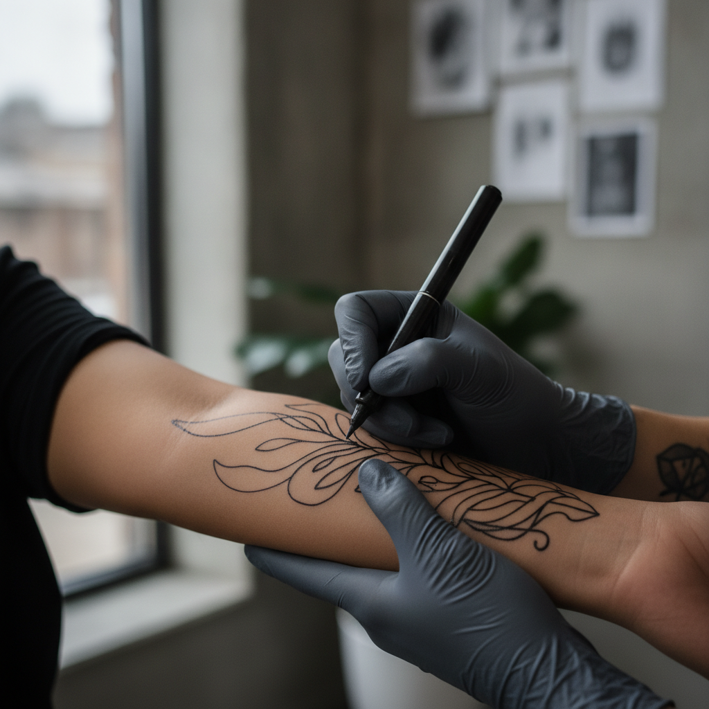 Tattoo artist drawing freehand marker lines directly on a forearm with no stencil