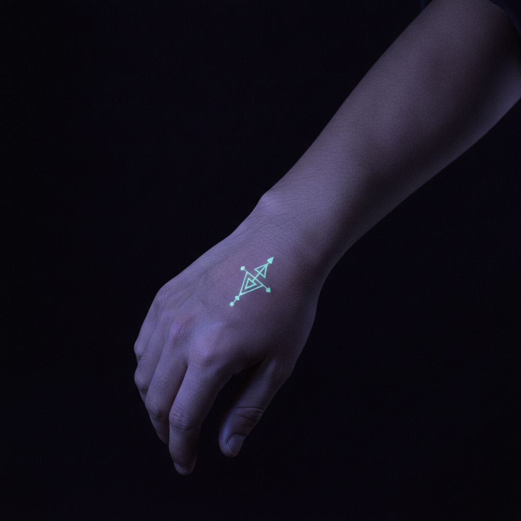 Close-up of a small UV-reactive geometric tattoo on a wrist glowing pale blue-green under blacklight