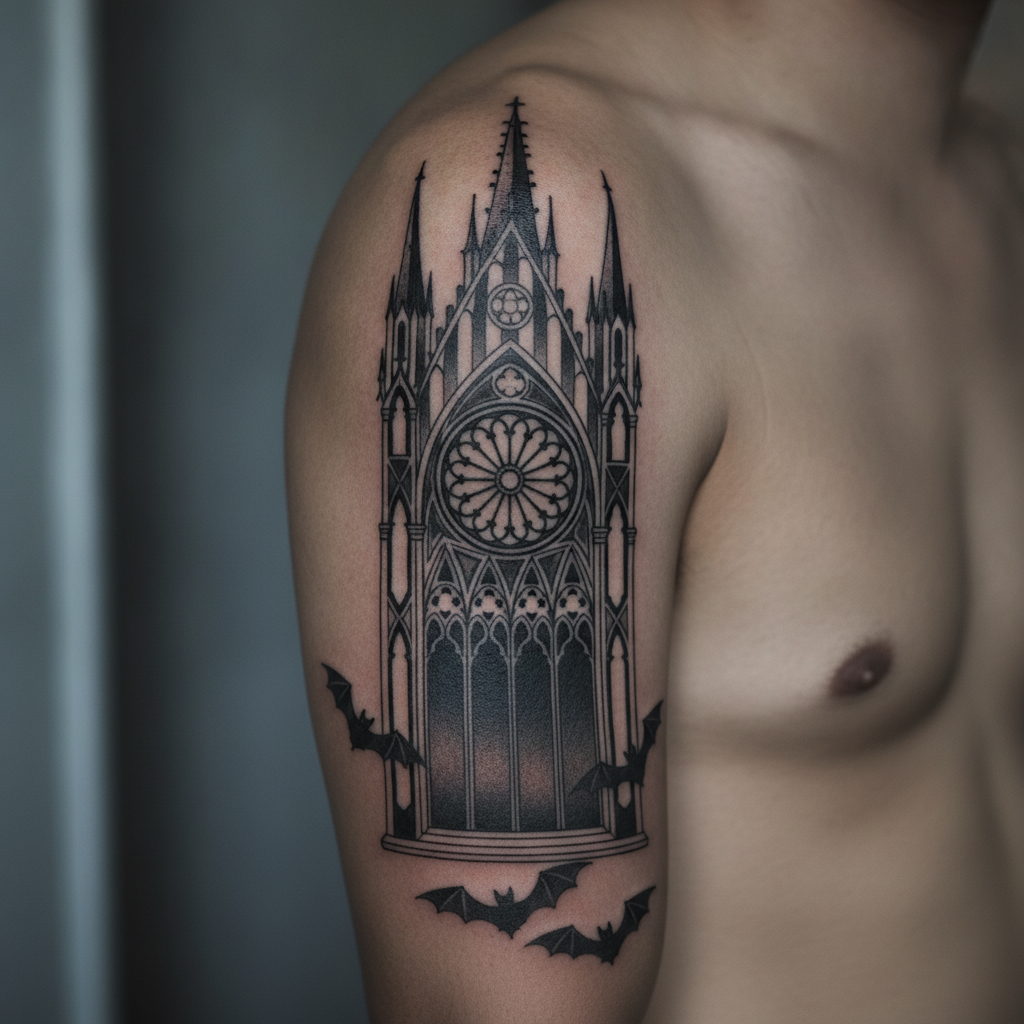 Macro close-up of a healed gothic cathedral and bats blackwork tattoo on a Southeast-Asian man's upper arm
