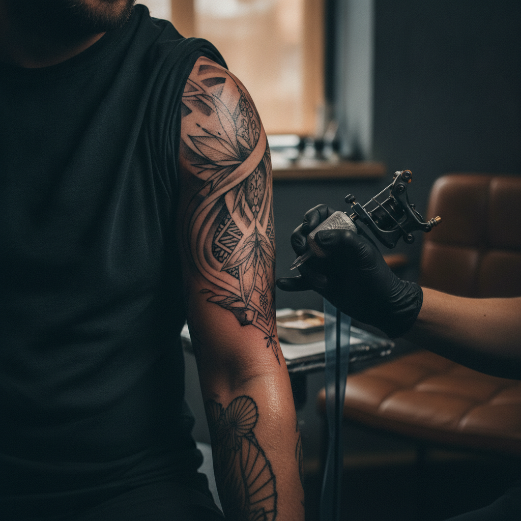 Close-up of a fresh fine-line black and grey guest artist tattoo on a forearm with the artist's gloved hand and tattoo machine nearby