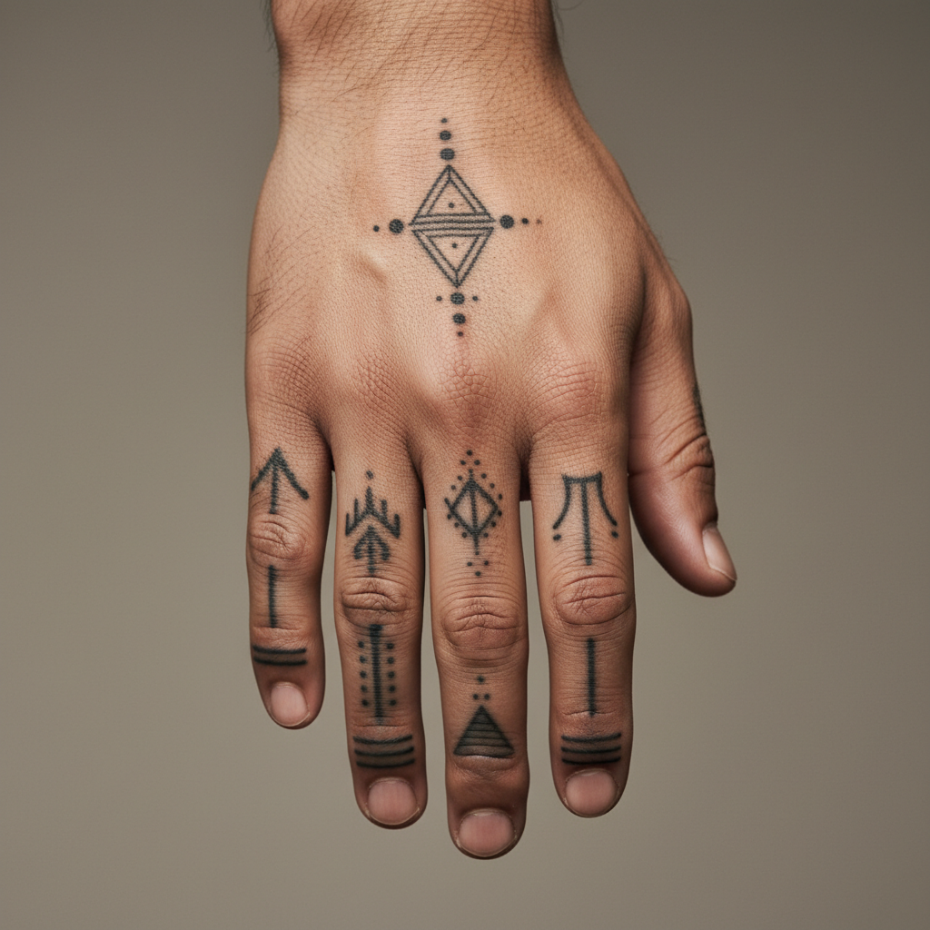 Close-up of finished blackwork finger tattoos on a Southeast-Asian man's hand, natural daylight, sharp magazine-quality detail