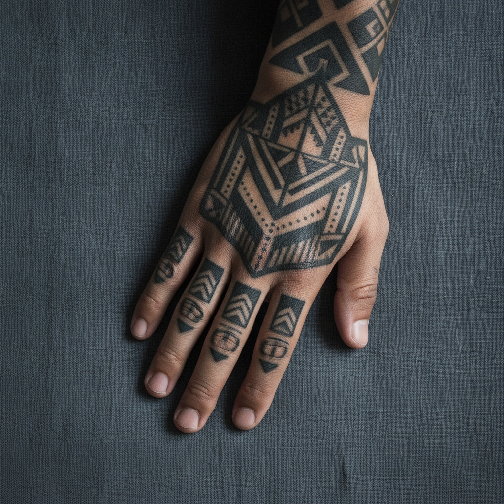 Southeast Asian man's hand showing bold blackwork geometric tattoo across the side of the hand and fingers