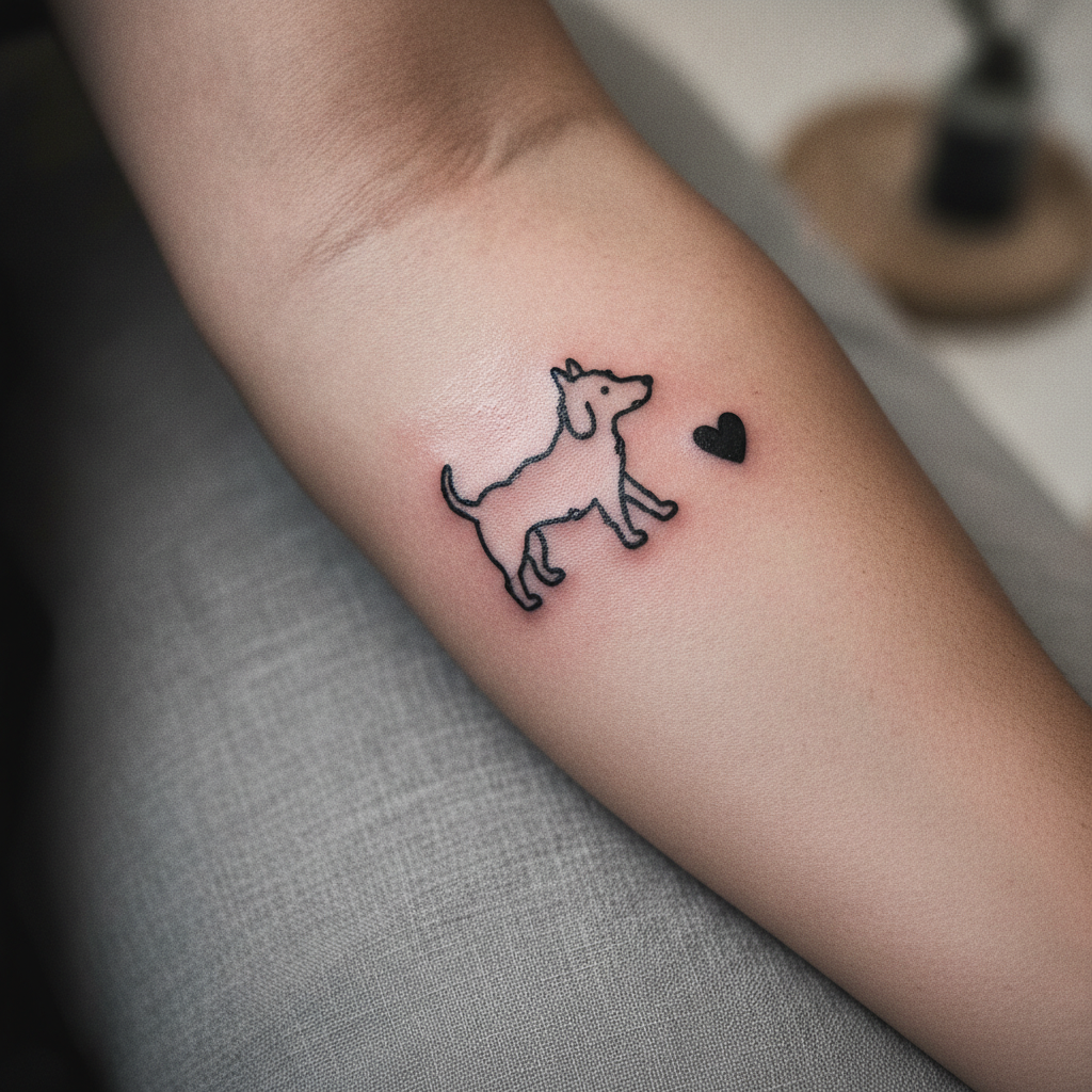 Close-up of a fresh ignorant style tattoo of a wobbly dog and small heart in solid black ink on a forearm
