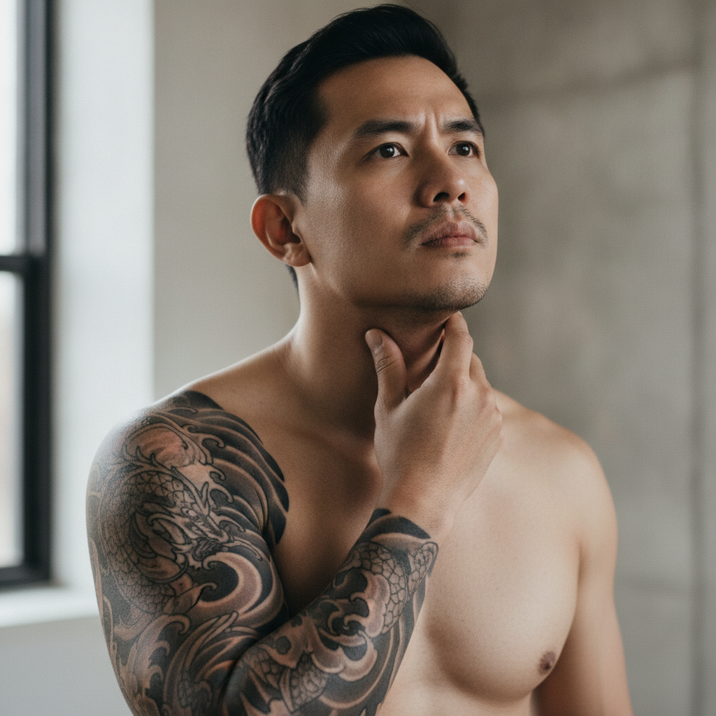 Man checking a tender lymph node on his neck while his new upper-arm tattoo heals