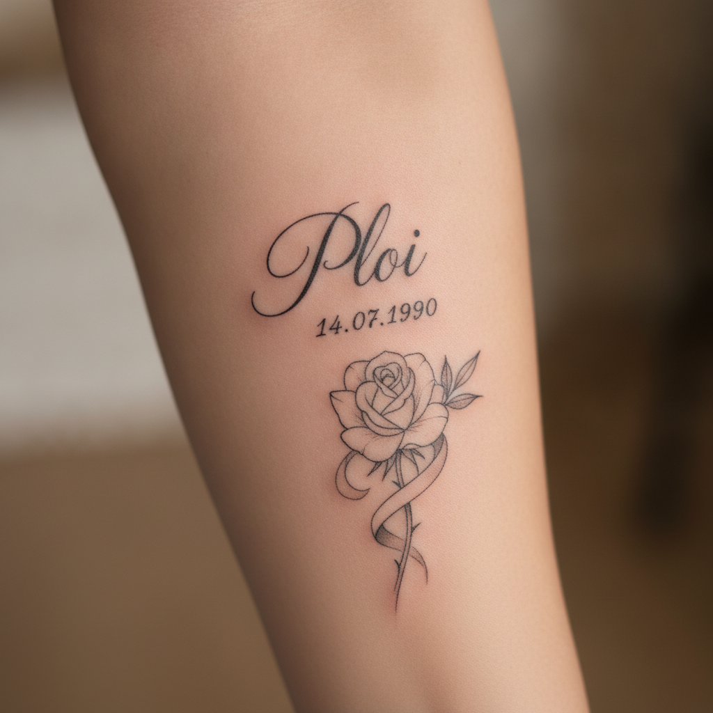 Close-up of a healed memorial tattoo on the inner forearm, elegant script name with a date and a small rose in fine black linework