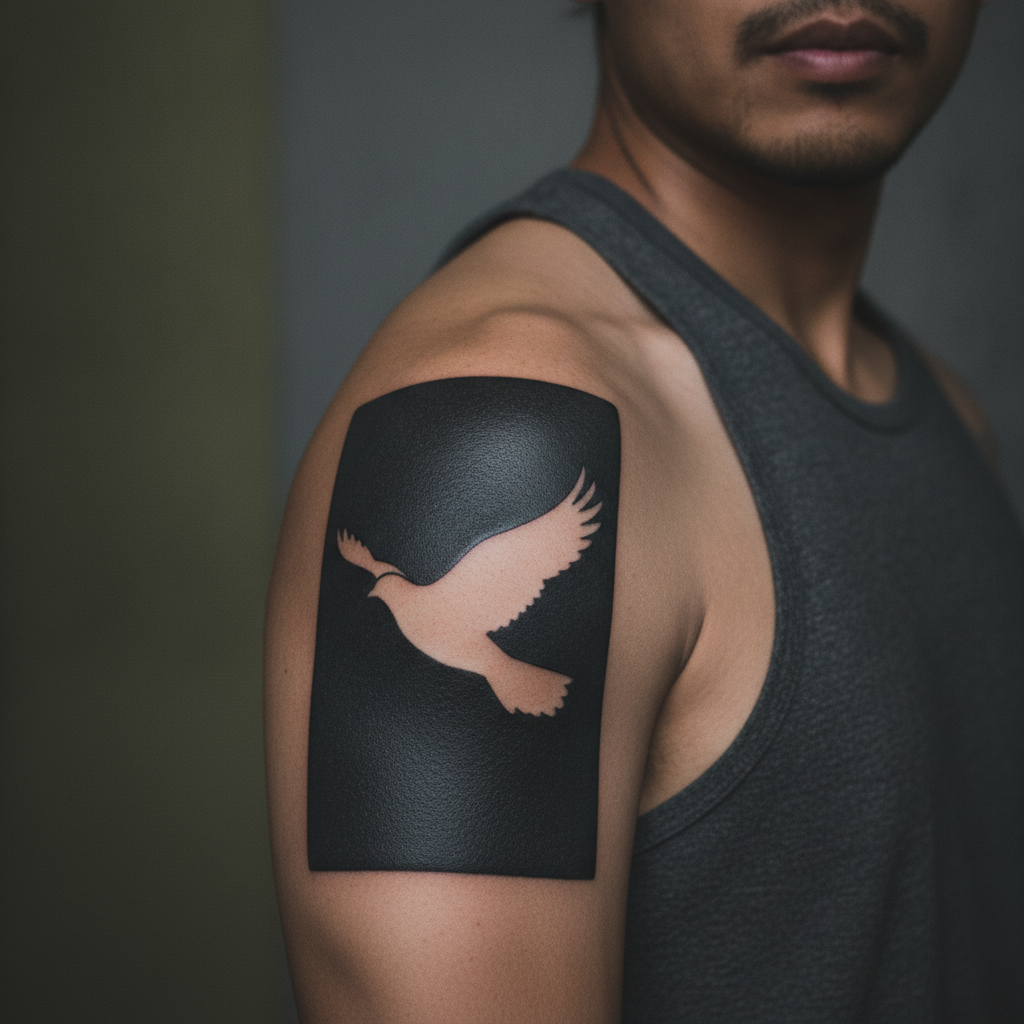 Negative space blackwork panel with a bird silhouette on a man's upper arm