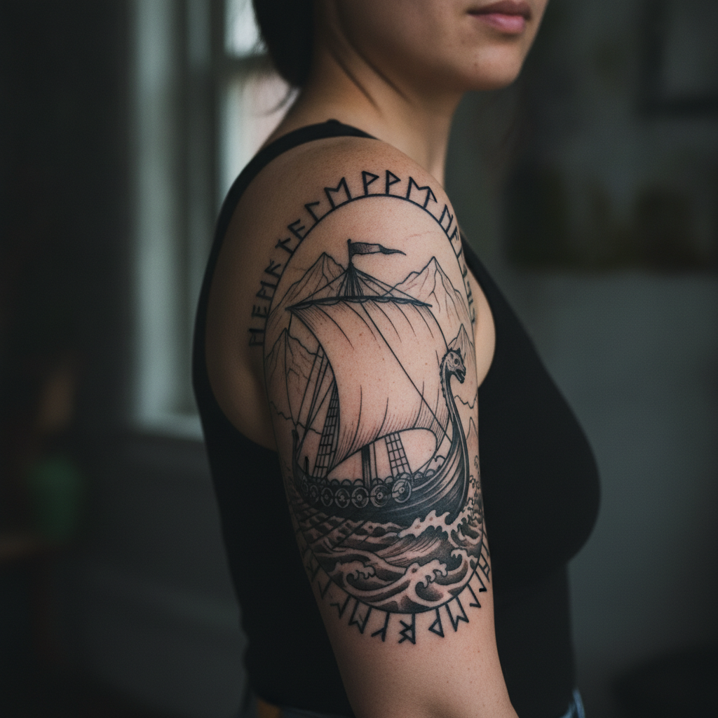 Close-up of a Viking longship tattoo with runic border on upper arm in heavy blackwork