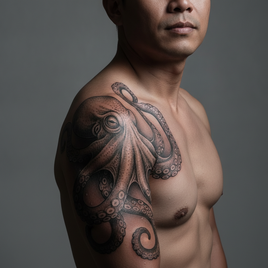 Detailed black and grey octopus tattoo wrapping around a man's upper arm