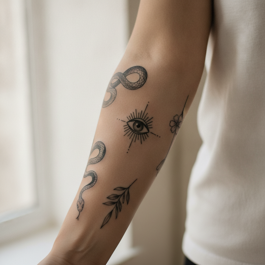 Close-up of a patchwork style forearm with spaced black-and-grey designs