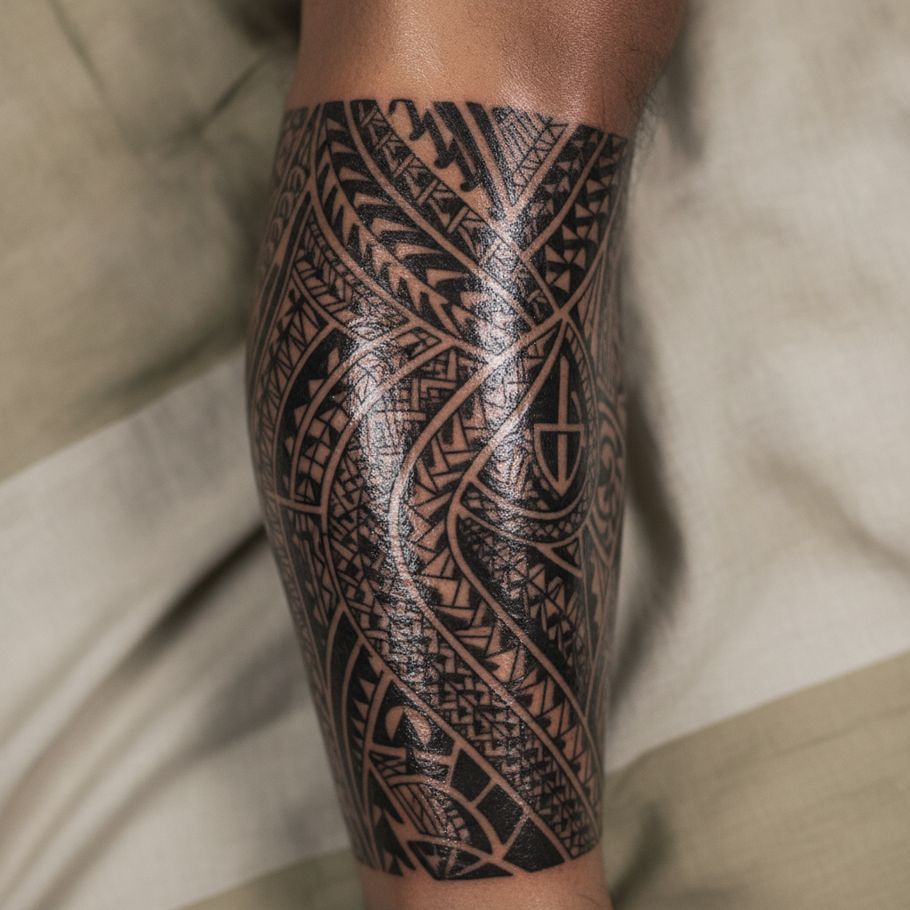 Close-up of a Samoan Polynesian tattoo with dense black geometric motifs on a calf