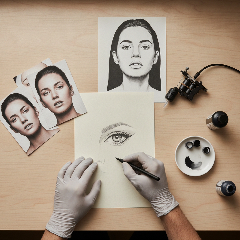 Tattoo artist workstation with portrait reference photos, stencil, and machine