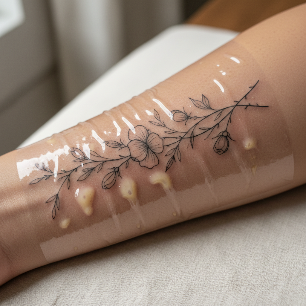 Close-up of a healing fine-line tattoo on a Southeast-Asian woman's forearm covered with transparent Saniderm adhesive film, with plasma pooling visible underneath