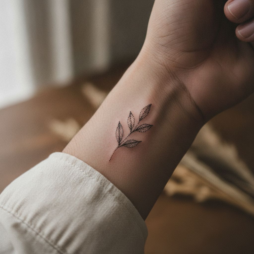 Close-up of a finished minimalist stick and poke botanical tattoo on a wrist, with visible dot stippling