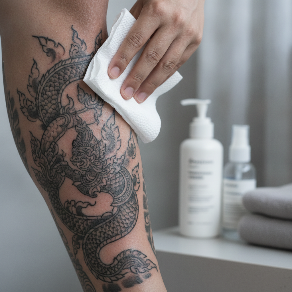 Healing calf tattoo being patted dry after a cool shower with fragrance-free lotion nearby